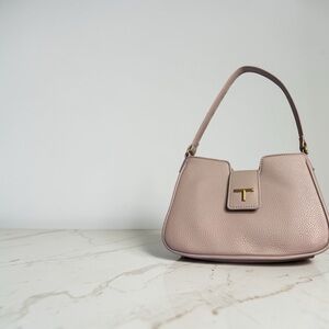 Tahari Dusty Rose Pebbled Leather Shoulder Bag with Gold T Accent